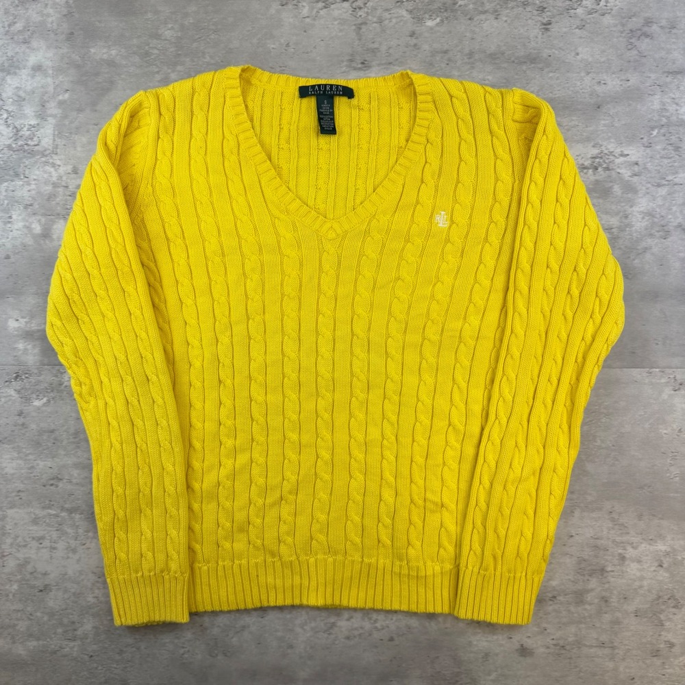 Lauren Ralph Lauren Yellow Cable Knit V-Neck Cotton Sweater Small Logo Preppy